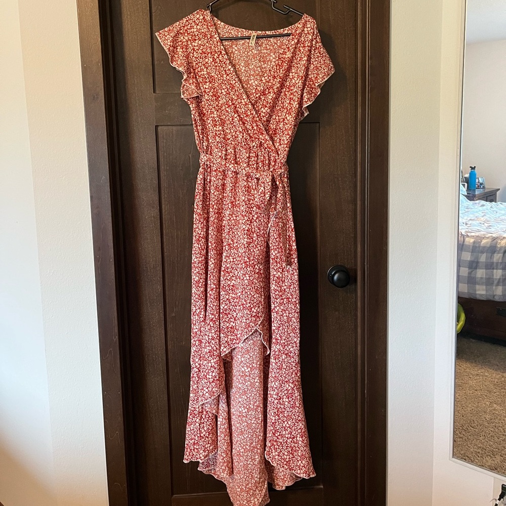 Red floral wrap dress